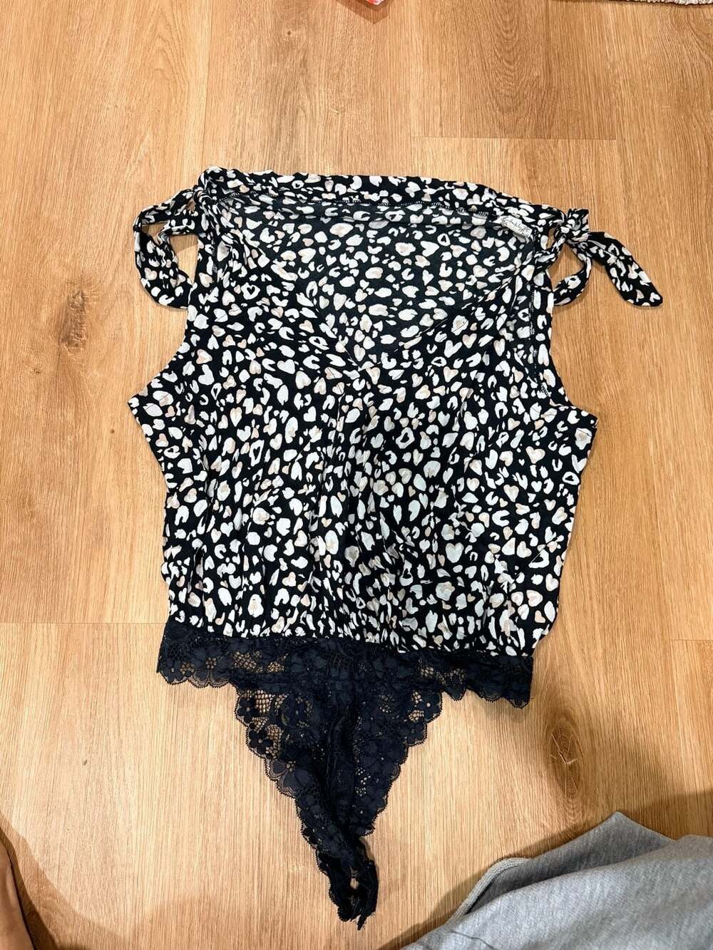 Free People Intimately Bare It All Tank Lace Thong Bodysuit Black Leopard Size L